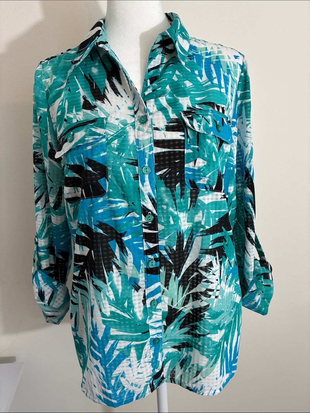 Studio Works Tropical Print Button-Up Blouse in Teal & White MP